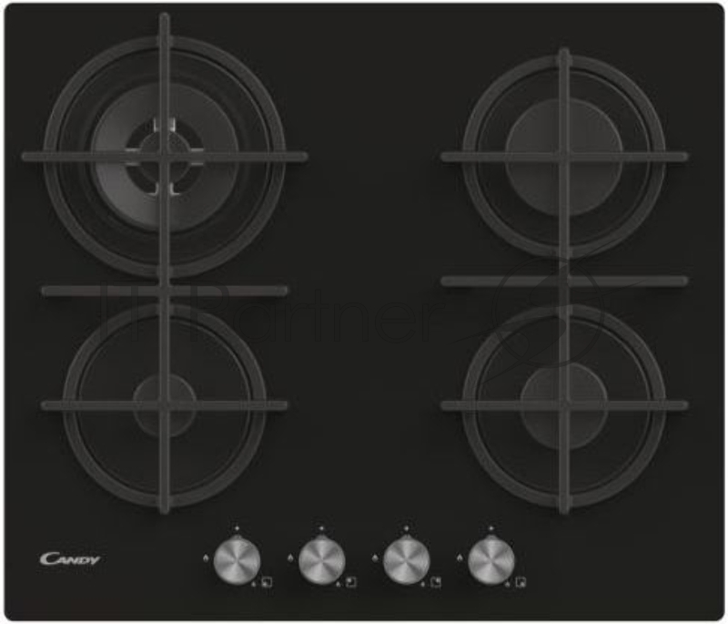 Встраиваемая газовая панель CANDY CVG6BR4WPB, на стекле 60 см. Цвет: черный Цвет ручек: серебро. Газ-контроль. Автоматический электроподжиг. 4 конфорки