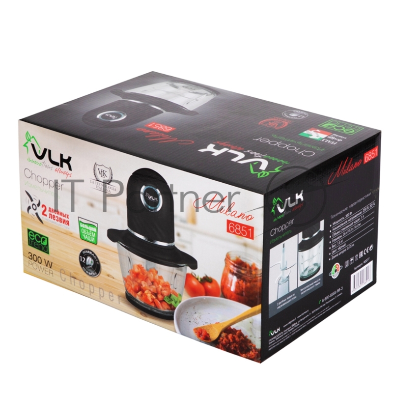 Измельчитель (чоппер) VLK Milano-6851, черный, 300 Вт, объем чаши 1 л, импульсный режим, два двойных лезвия, стеклянная чаша