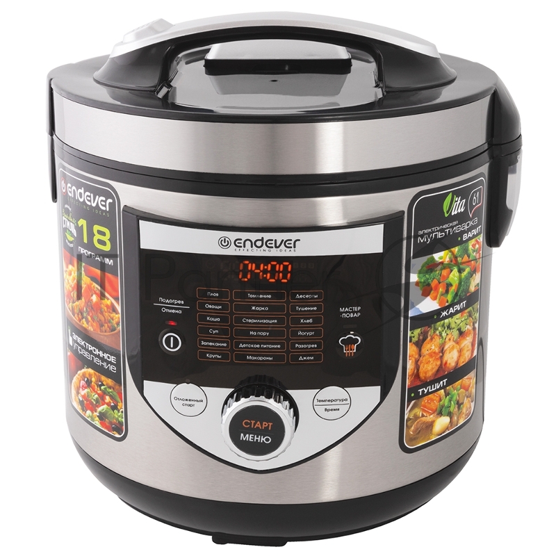 Мультиварка электрическая Endever Vita 61, стальной/чёрный, мощность 860 Вт, емкость 5л, 18 авторежимов, функция мастер-повар,книга рецептов