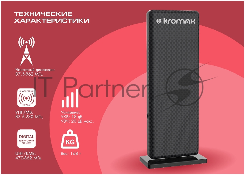 Комнатная ТВ антенна Kromax TV FLAT-09 black-gray 50 шт/уп Комн. акт. антенна, диап. DVB-T2, VHF: 87,5-230 МГц, UHF: 470-860 МГц,коэф. ус 30dB питание: адапт. в комплект