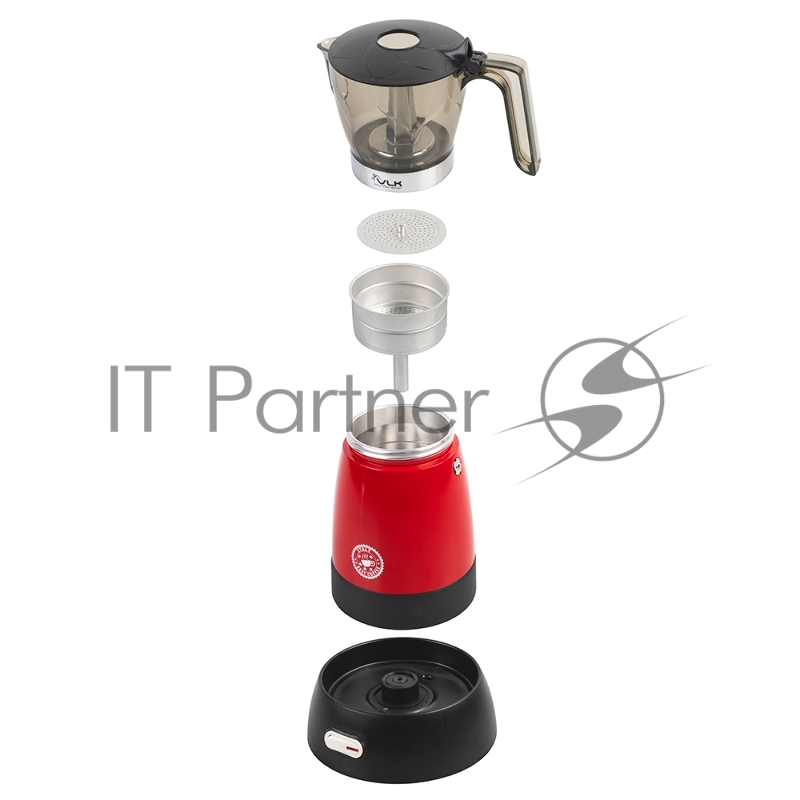 Кофеварка гейзерная электрическая VLK Venice 6001, красный, мощность 480 Вт, объем 0,3 л, корпус алюминий, 8 шт/уп.