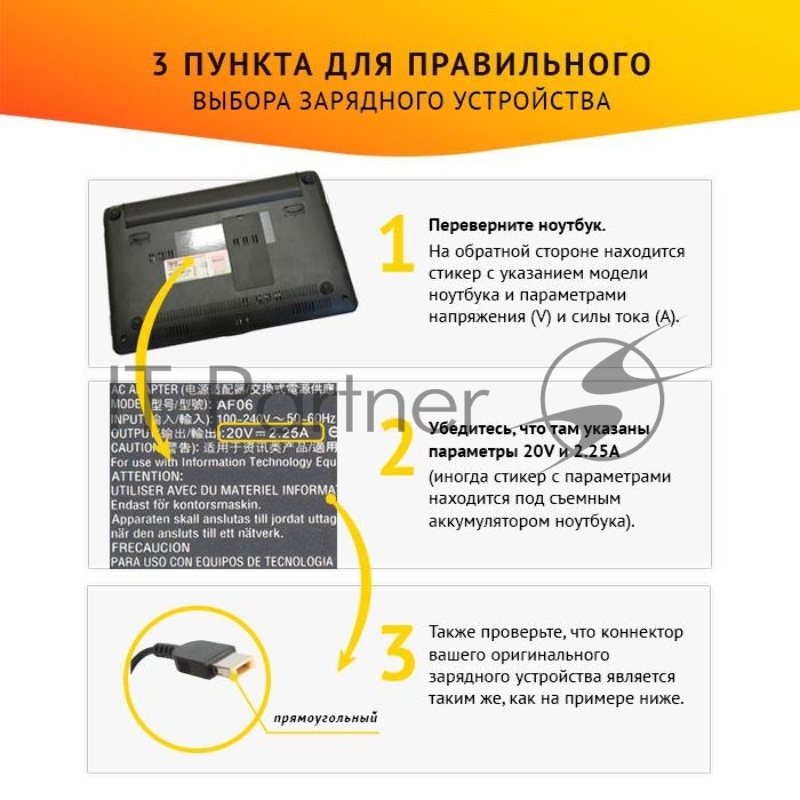 Блок питания для ноутбука Lenovo 20V, 2.25A, 45W прямоугольный с кабелем