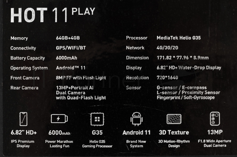 Смартфон Infinix X688B Hot 11 play 64Gb 4Gb черный моноблок 3G 4G 2Sim 6.82 720x1640 Android 11 13Mpix 802.11 a/b/g/n/ac GPS GSM900/1800 GSM1900 TouchSc FM microSD max512Gb