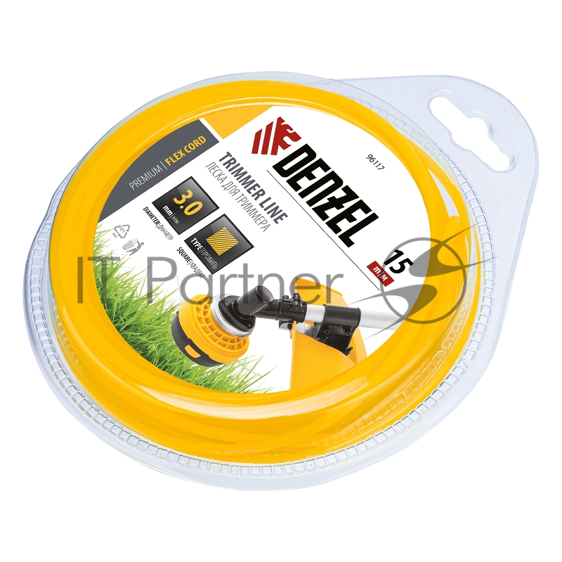 Леска для триммера DENZEL квадрат 3 мм х 15 м, блистер FLEX CORD 96117