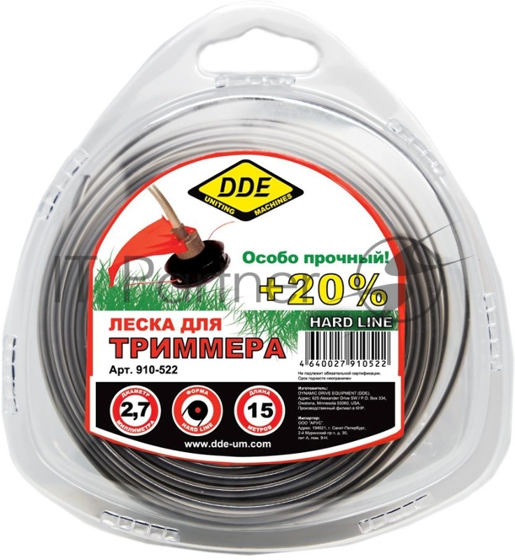 Корд триммерный DDE в блистере Hard line 2,7 мм х 15 м, серый/красный 910-522