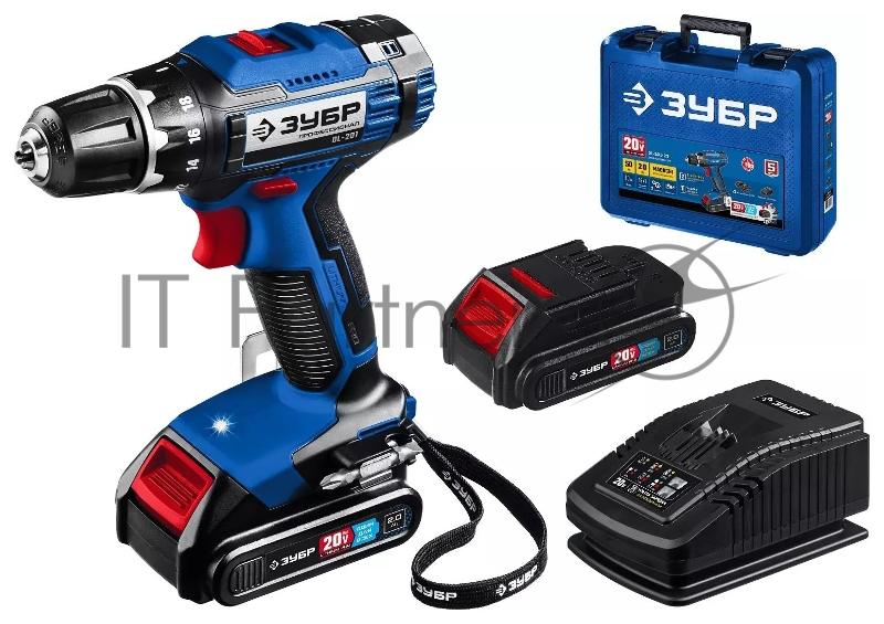 Дрель-шуруповерт ЗУБР 20В, 2 АКБ (2Ач), в кейсе, Профессионал. DL-201-22