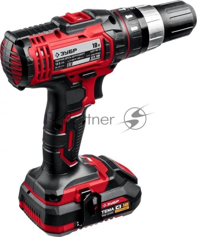 Дрель-шуруповерт ЗУБР 18В, 2 АКБ (2Ач), в кейсе, ударная ДШУ-185-22