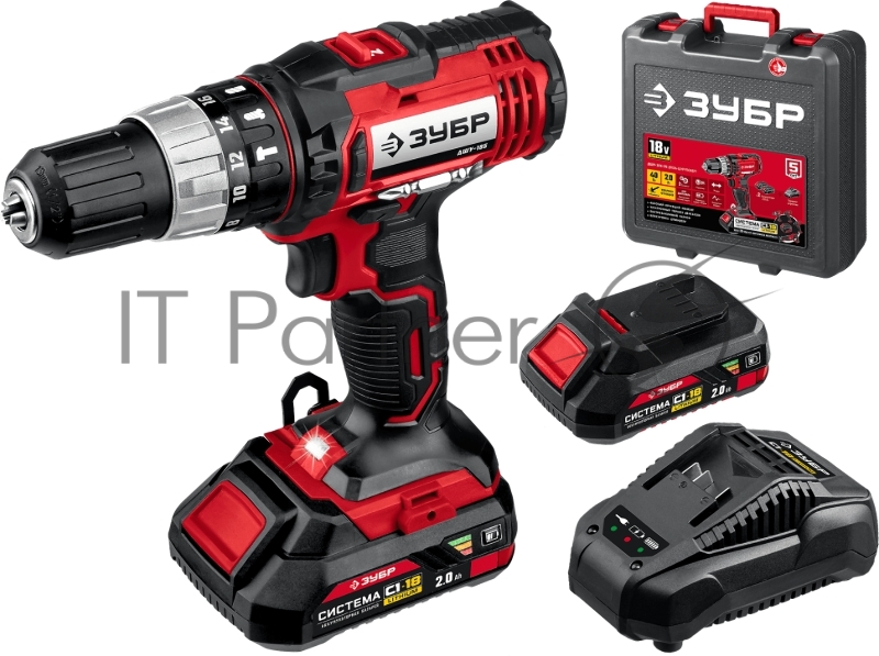 Дрель-шуруповерт ЗУБР 18В, 2 АКБ (2Ач), в кейсе, ударная ДШУ-185-22