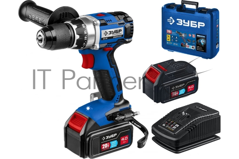 Дрель-шуруповерт ЗУБР 20В бесщеточная 2 АКБ (4Ач), в кейсе, Профессионал. DB-201-42