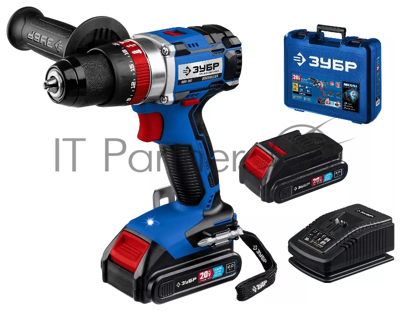 Дрель-шуруповерт ЗУБР 20В бесщеточная ударная 2 АКБ (2Ач), в кейсе, Профессионал. DBS-201-22