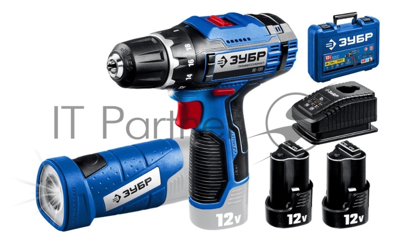 Дрель-шуруповерт ЗУБР 12В + LED фонарь, 2 АКБ (2Ач), в кейсе, Профессионал. DL-121-22F