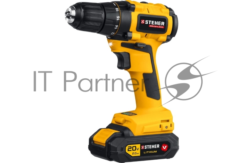 Дрель-шуруповерт STEHER 20В бесщёточная 2 АКБ (2Ач), в кейсе. CDB-200-2