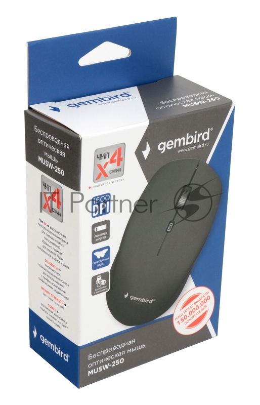 Мышь беспроводная Gembird MUSW-250, 2.4ГГц, 3 кнопки + колесо кнопка,1600DPI черный