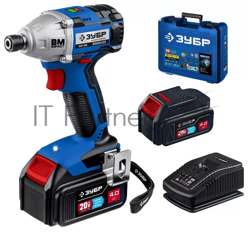 Гайковерт ЗУБР 20В бесщеточный , 2 АКБ (4Ач), в кейсе, Профессионал. GB-250-42