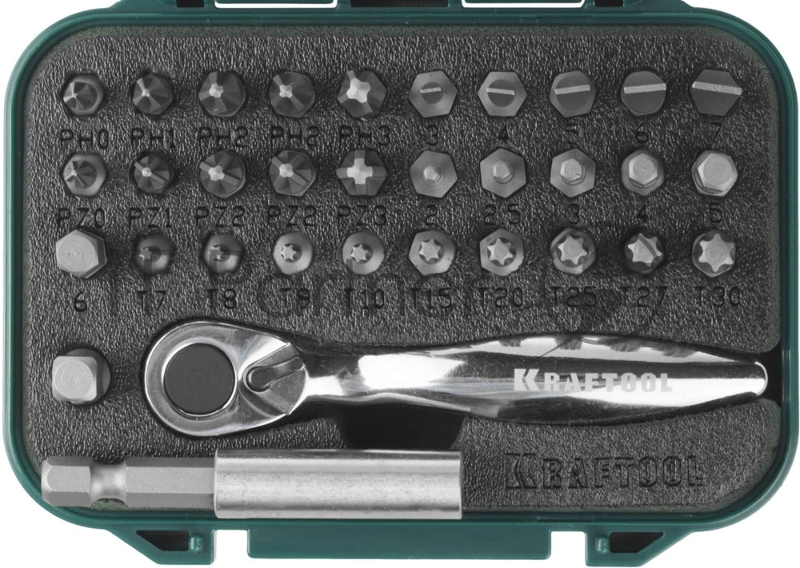Набор бит EXPERTс мини трещоткой 1/4, KRAFTOOL 26157-H33, 33 предмета