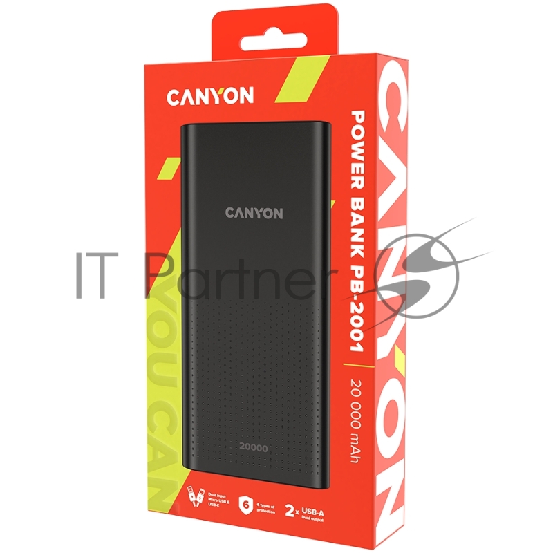 Мобильный аккумулятор CANYON PB-2001 Power bank 20000mAh Li-poly battery, Input 5V/2A , Output 5V/2.1A(Max), 144*69*28.5mm, 0.440Kg, Black