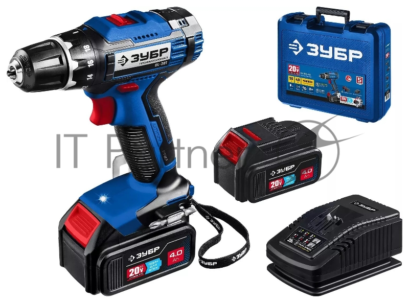 Дрель-шуруповерт ЗУБР 20В, 2 АКБ (4Ач), в кейсе, Профессионал. DL-201-42