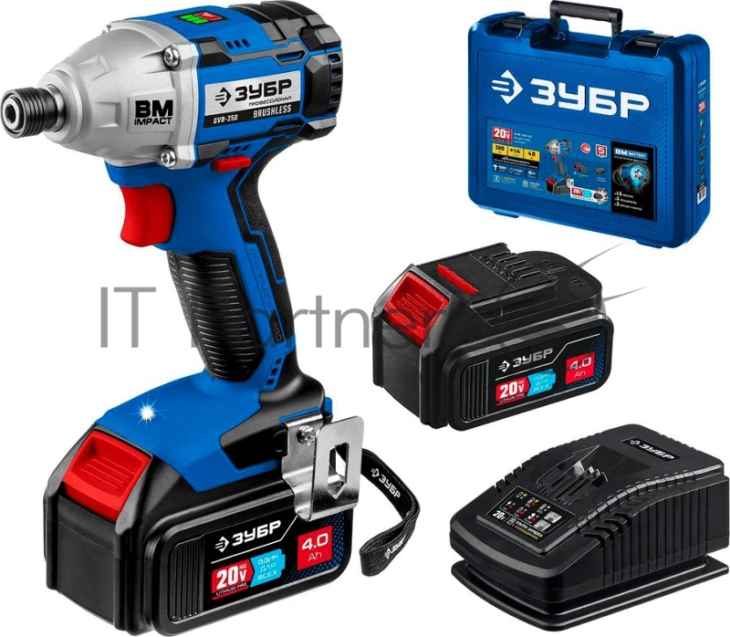 Винтоверт ЗУБР 20В бесщеточный, 2 АКБ (4Ач), в кейсе, Профессионал. GVB-250-42