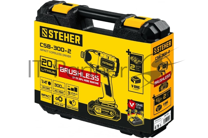 Винтоверт STEHER 20В бесщёточный, 2 АКБ (2Ач), в кейсе. CSB-300-2