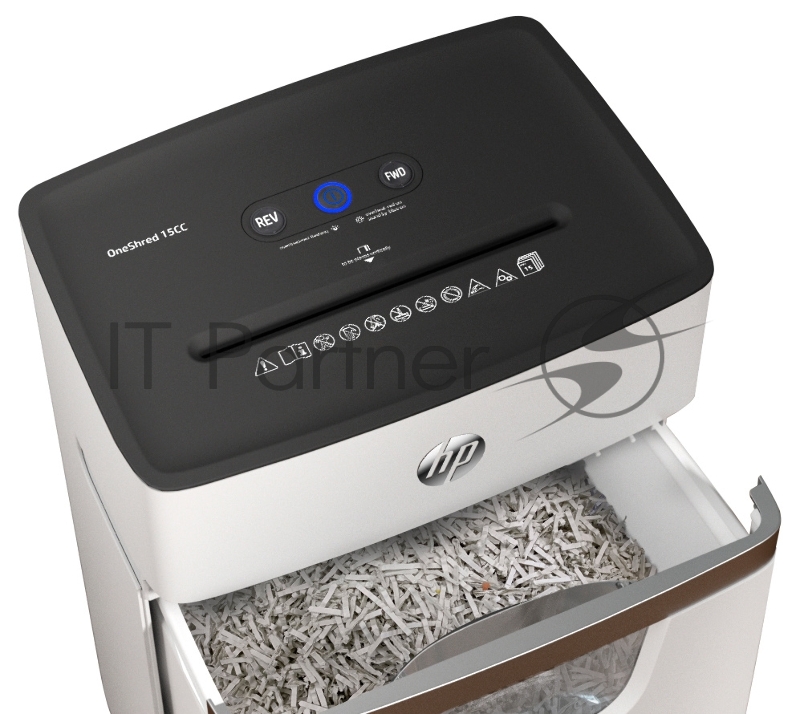 Шредер HP OneShred 15CC белый (секр.P-4) перекрестный 15лист. 20лтр. скрепки скобы пл.карты