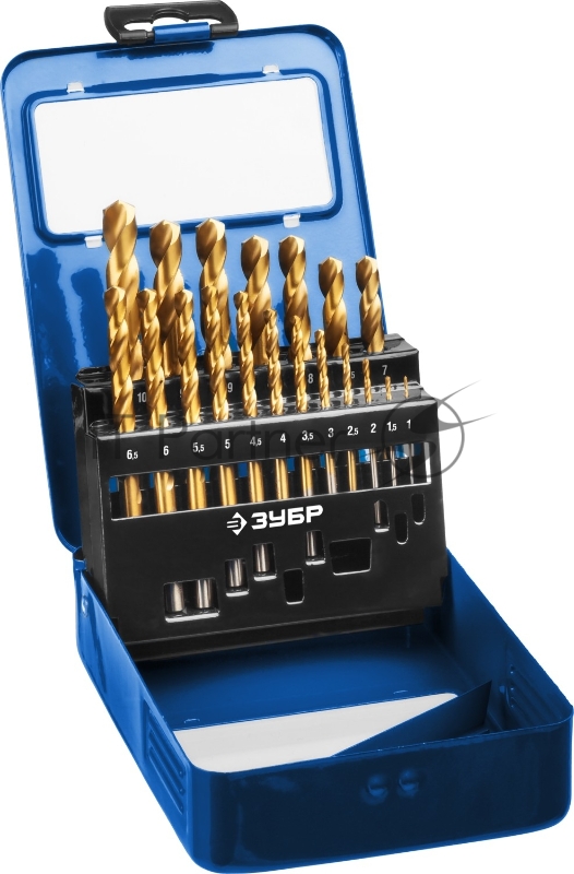 Набор сверл по металлу, сталь Р6М5, класс А , ЗУБР ТИТАН 19шт(1-10мм), титиновое покрытие, мет.бокс