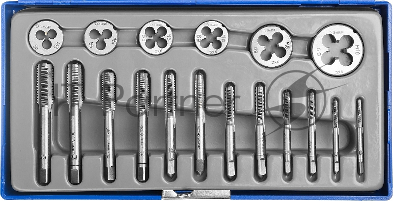 Набор метчиков и плашек в пластиковом боксе, ЗУБР 18 предметов, сталь 9ХС