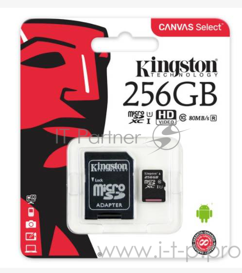 Карта памяти Micro SecureDigital 256Gb Kingston SDCS/256GB {MicroSDXC Class 10 UHS-I, SD adapter}