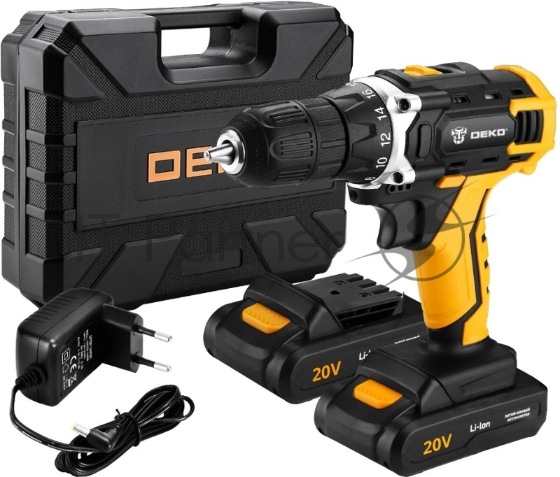 Дрель DEKO Аккумуляторная 20B DKCD20FU-Li SET3 в кейсе + оснастка 13 шт, 2х1.5Ач, з/у063-4172