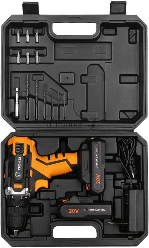 Дрель DEKO Аккумуляторная 20B DKCD20FU-Li SET3 в кейсе + оснастка 13 шт, 2х1.5Ач, з/у063-4172