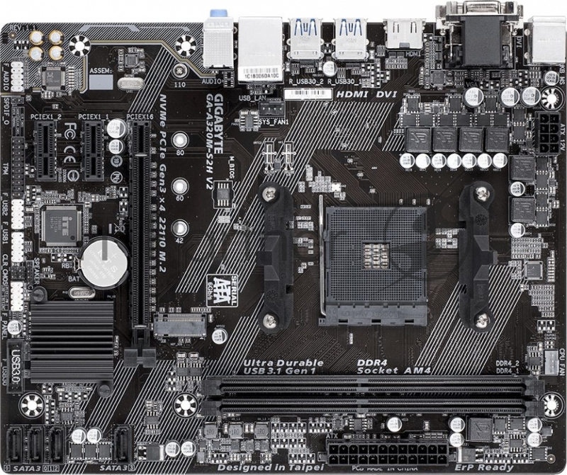 Материнская плата GIGABYTE GA-A320M-S2H V2, Socket AM4, AMD B350, 2xDDR4-2400, D-SUB+DVI-D+HDMI, 1xPCI-Ex16, 2xPCI-Ex1, 4xSATA3(RAID 0/1/10), 1xM.2, 8 Ch Audio, GLan, (2+4)xUSB2.0, (4+2)xUSB3.1, 2xPS/2, mATX, RTL {10}