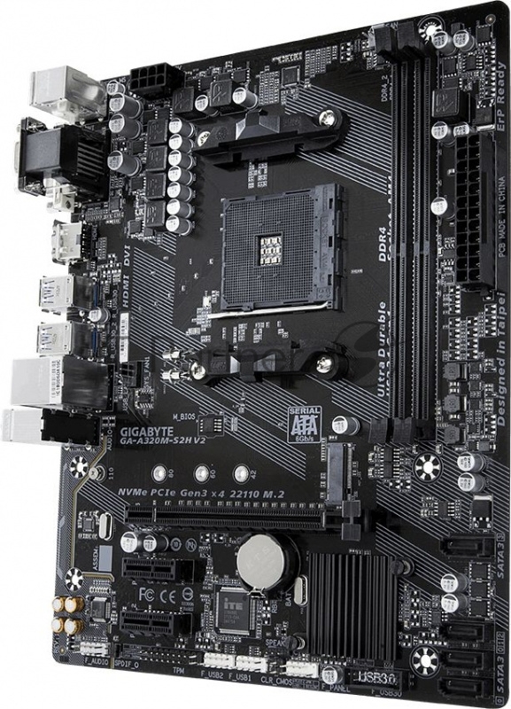 Материнская плата GIGABYTE GA-A320M-S2H V2, Socket AM4, AMD B350, 2xDDR4-2400, D-SUB+DVI-D+HDMI, 1xPCI-Ex16, 2xPCI-Ex1, 4xSATA3(RAID 0/1/10), 1xM.2, 8 Ch Audio, GLan, (2+4)xUSB2.0, (4+2)xUSB3.1, 2xPS/2, mATX, RTL {10}