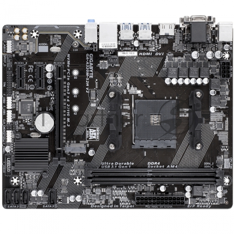 Материнская плата GIGABYTE GA-A320M-S2H V2, Socket AM4, AMD B350, 2xDDR4-2400, D-SUB+DVI-D+HDMI, 1xPCI-Ex16, 2xPCI-Ex1, 4xSATA3(RAID 0/1/10), 1xM.2, 8 Ch Audio, GLan, (2+4)xUSB2.0, (4+2)xUSB3.1, 2xPS/2, mATX, RTL {10}