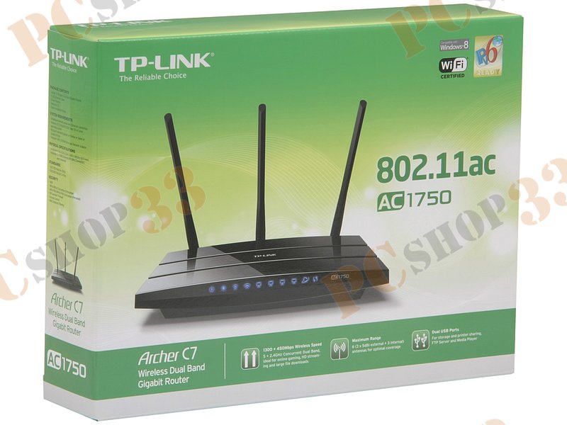 Беспроводной маршрутизатор TP-Link Archer C7 WiFi 1.3Гбит/сек. + 4 порта LAN 1Гбит/сек. + 1 порт WAN 1Гбит/сек. + 2 порта USB2.0