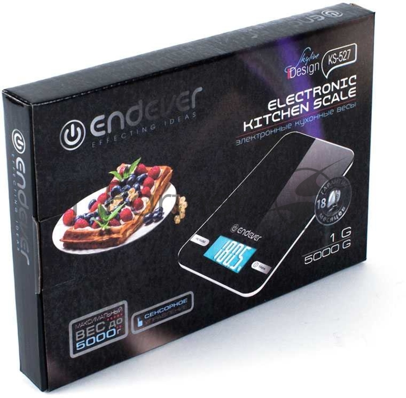 Электронные кухонные весы Endever Skyline KS-527, вес от 2 г до 5 кг. Закаленное стекло повышенной прочности, LCD-дисплей, авто откл.