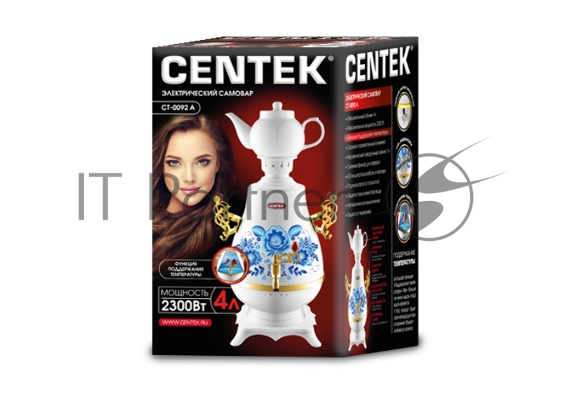 Самовар Centek CT-0092 A (белый+рисунок+золото), 4.0л, 2300Вт, поддерж.t + LED индикатор, керам зав.