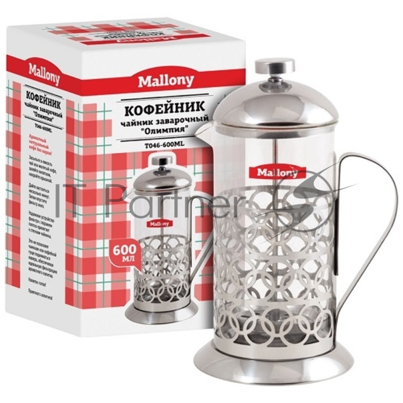 чайник/кофейник MALLONY T046-600ML ейник 0,6л Olimpia (сталь) (950137) Чайник/кофейник серия - Olimpia Объем: 0.6 л Металлический корпус (нерж сталь 0,4 мм), колба стекло, ручка - полипропилен Коэффициент линейного расширения - 3.0 Упаковка: цветная