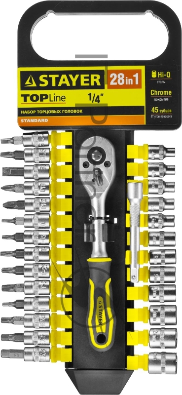 Набор головок STAYER 27754-H28 standard: 1/4 на пластик рельсе трещотка удл-тель 4-13мм 28пр.