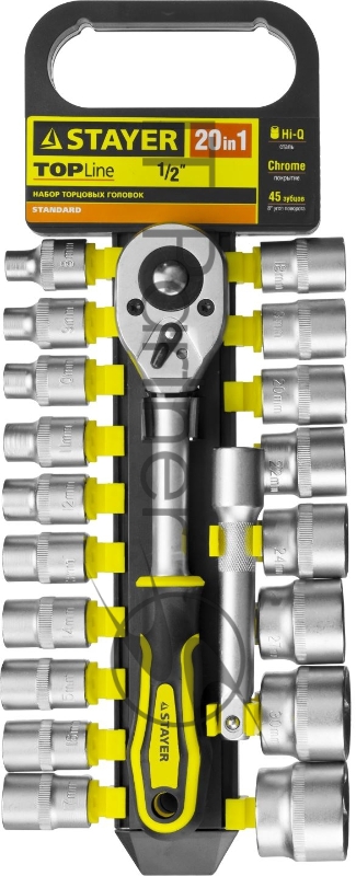 Набор STAYER STANDARD: Торцовые головки (1/2) на пластиковом рельсе, трещотка, удлинитель, 8-32мм, 20 предметов 27750-H20
