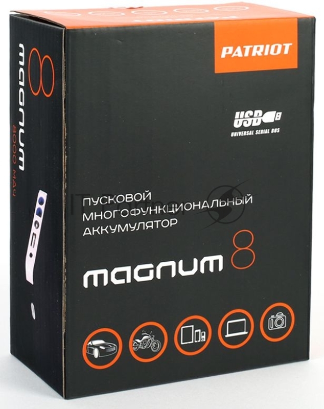 Генераторы PATRIOT MAGNUM 8 Пусковой многофункциональный аккумулятор 650201608 {Емкость 8000 мАч, Запуск бензиновых двигателей объемом до 3л., старт. ток раб./макс: 200А/400А, зарядка от USB - 5В/2А}