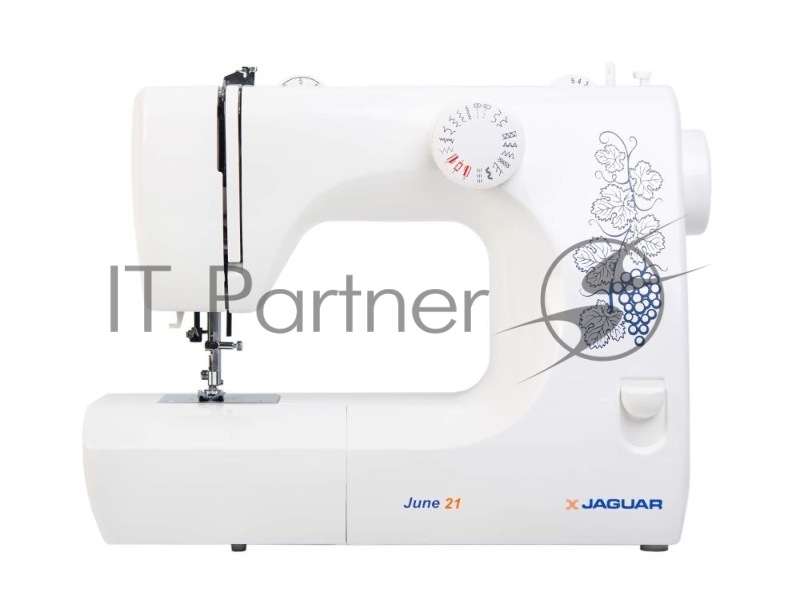 Швейная машина Jaguar June 21 21 операций, вертикальный челнок, петля в полуавтоматическом режиме в 4 приема, максимальная ширина зигзага -5 мм и длина стежка 5 мм, регулировка натяжения верхней нити, автоматическая намотка нити на шпульку, максималь