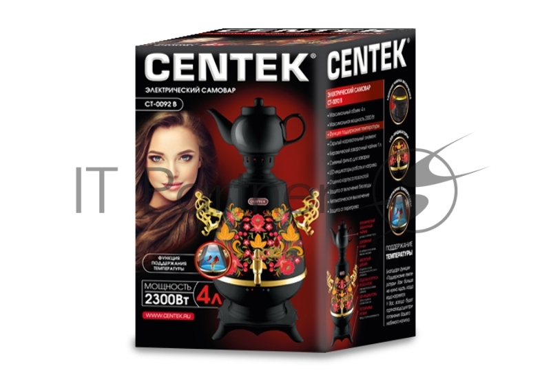 Самовар Centek CT-0092 B (черн+рисунок+золото), 4.0л, 2300Вт, поддерж.t + LED индикатор, керам зав