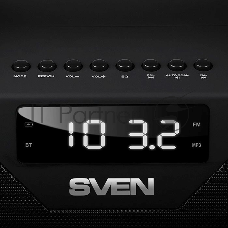 Мобильные колонки Sven PS-470 2.0 чёрные (2x9W, USB, Bluetooth, micro SD, FM-радио, LED дисплей, часы, jack in, литий-ионный aккумулятор 1800 мAч)