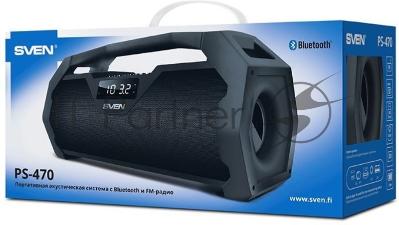Мобильные колонки Sven PS-470 2.0 чёрные (2x9W, USB, Bluetooth, micro SD, FM-радио, LED дисплей, часы, jack in, литий-ионный aккумулятор 1800 мAч)