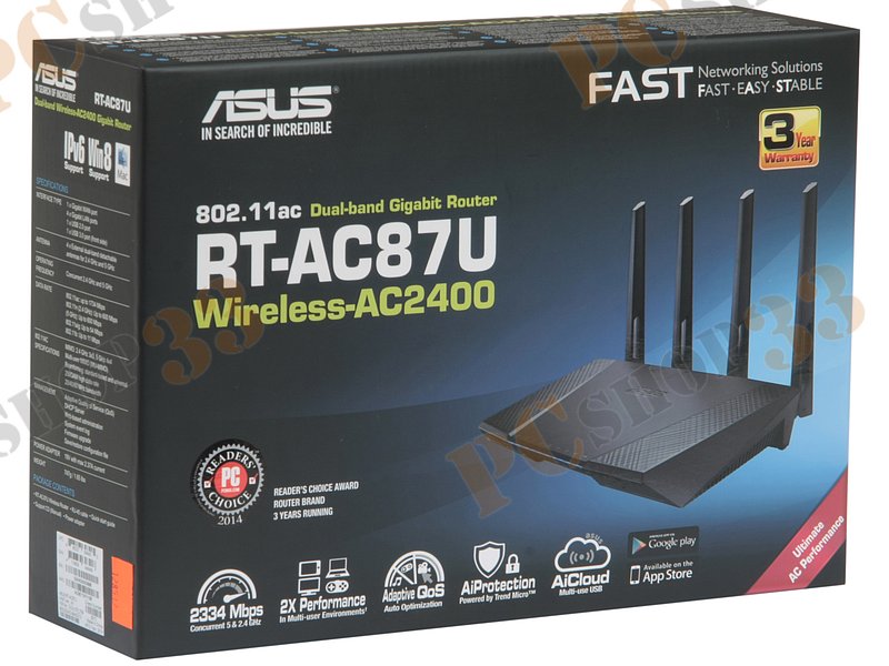 Беспроводной маршрутизатор ASUS RT-AC87U WiFi 1.7Гбит/сек. + 4 порта LAN 1Гбит/сек. + 1 порт WAN 1Гбит/сек. + 1 порт USB2.0 + 1 порт USB3.0