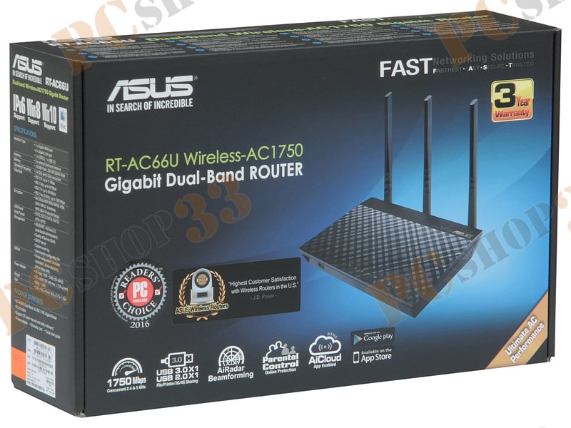 Беспроводной маршрутизатор ASUS RT-AC66U B1 WiFi 1.3Гбит/сек. + 4 порта LAN 1Гбит/сек. + 1 порт WAN 1Гбит/сек. + 1 порт USB2.0 + 1 порт USB3.0