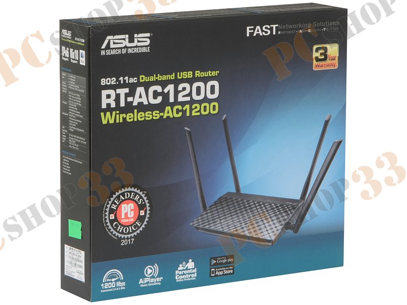 Беспроводной маршрутизатор ASUS RT-AC1200 WiFi 867Мбит/сек. + 4 порта LAN 100Мбит/сек. + 1 порт WAN 100Мбит/сек. + 1 порт USB2.0