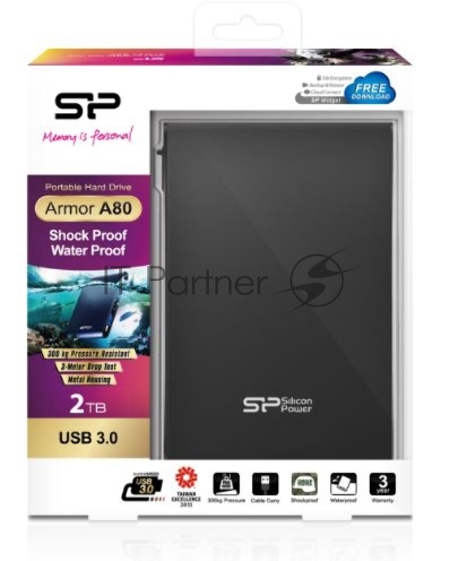 Внешний жесткий диск Silicon Power External HDD 2.5 2.0Tb Armor A80 <SP020TBPHDA80S3K> черный (USB3.0, противоударный MIL-STD-810F, водонепроницаемый IPX7, защита от влаги и давления, держатель кабеля)