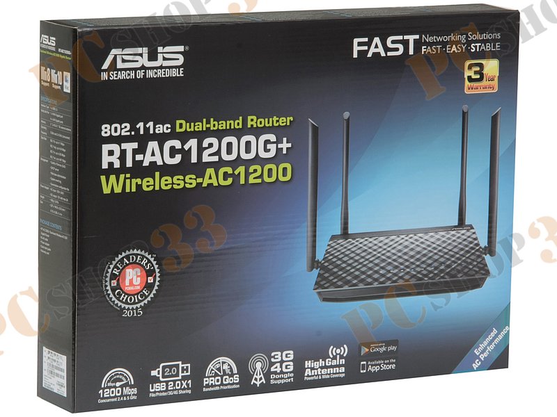 Беспроводной маршрутизатор ASUS RT-AC1200G+ WiFi 867Мбит/сек. + 4 порта LAN 1Гбит/сек. + 1 порт WAN 1Гбит/сек. + 1 порт USB2.0