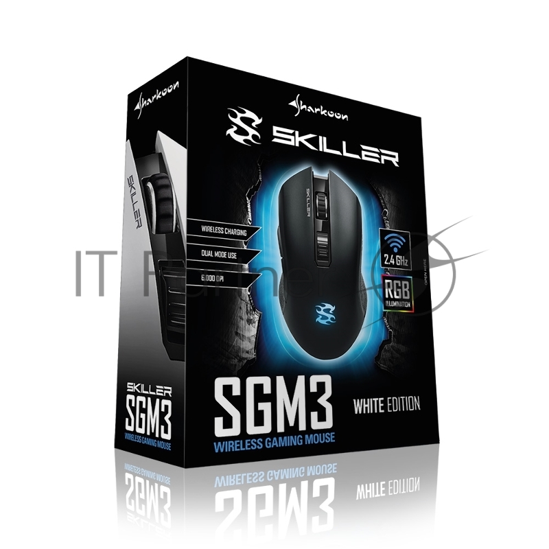 Игровая беспроводная мышь Sharkoon Skiller SGM3 чёрная (USB/2.4 Ггц, 7 кнопок, OMRON, 6000 dpi, RGB подсветка, 930 мАч)