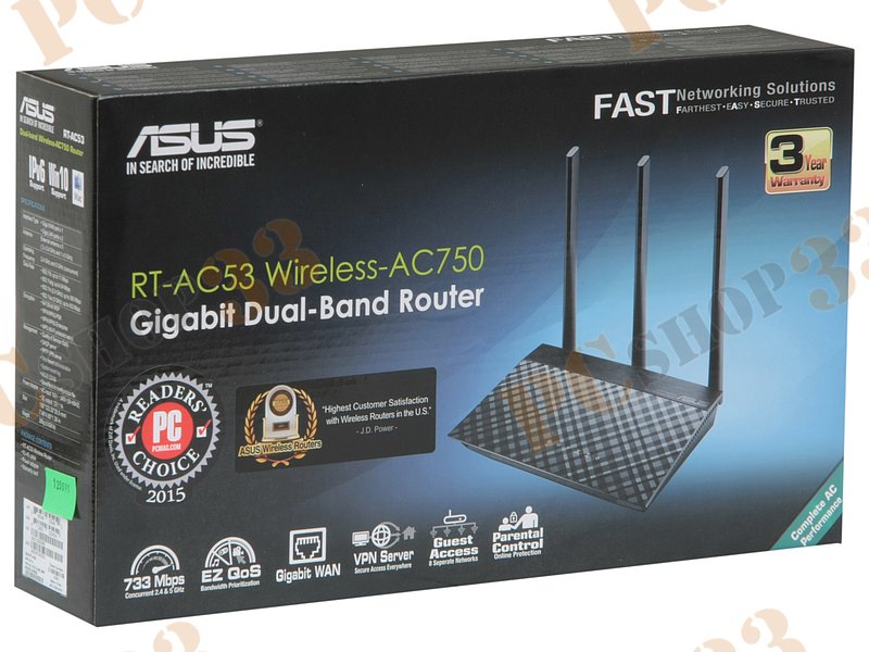Беспроводной маршрутизатор ASUS RT-AC53 WiFi 433Мбит/сек. + 2 порта LAN 1Гбит/сек. + 1 порт WAN 1Гбит/сек.